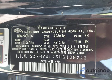 2017 Kia Optima Sxl Turbo z USA, uszkodzony, nr VIN 5XXGV4L26HG138222